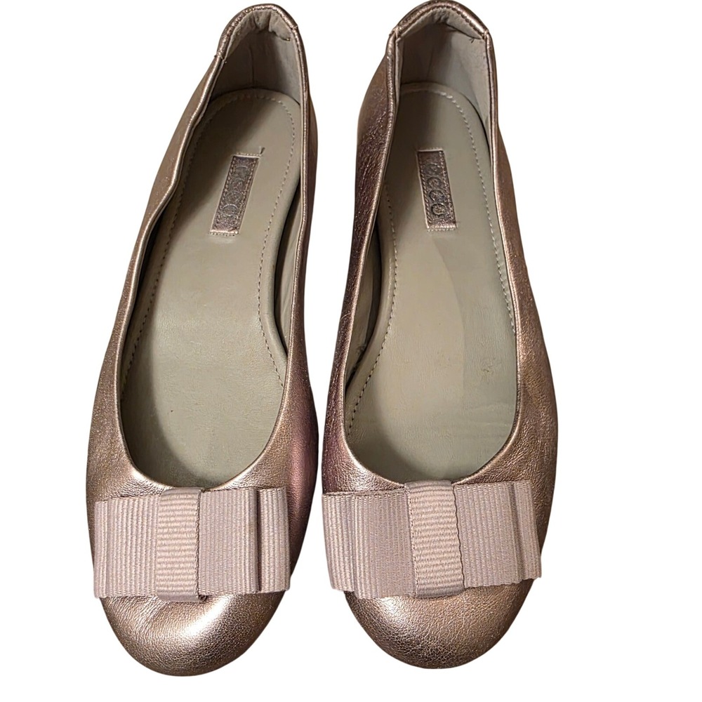 Y2K ECCO Shape Rose Gold Metallic Leather Bow Ballet Flats Womens Size 6.5
